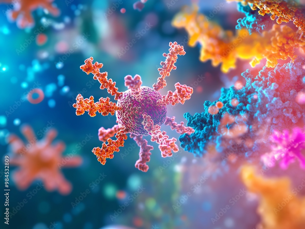 Vibrant microscopic view of a virus showcasing intricate details and colorful structures in a dynamic background. Vibrant microscopic view of a virus showcasing intricate details and colorful structures in a dynamic background.