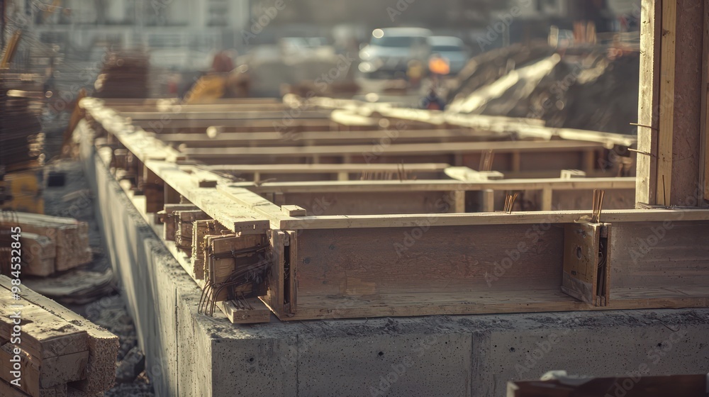 Detailed view of a construction site's temporary wooden framework used to shape concrete structures Detailed view of a construction site's temporary wooden framework used to shape concrete structures