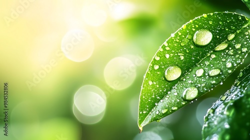 Dew drops on a leaf. The image captures the delicate beauty of the dew glistening in soft morning light, with vibrant green leaves in the background. 