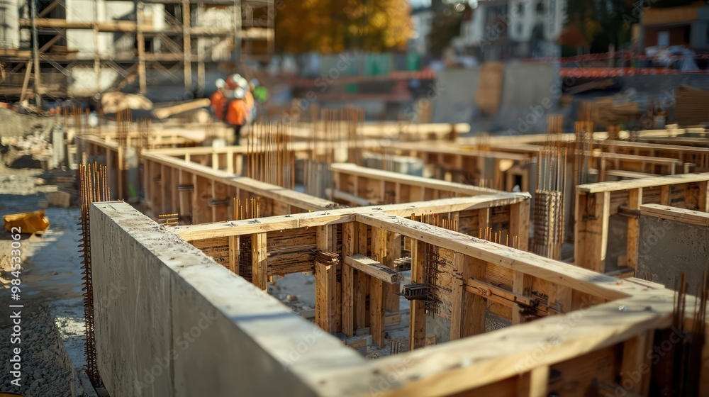 Detailed view of a construction site's temporary wooden framework used to shape concrete structures Detailed view of a construction site's temporary wooden framework used to shape concrete structures