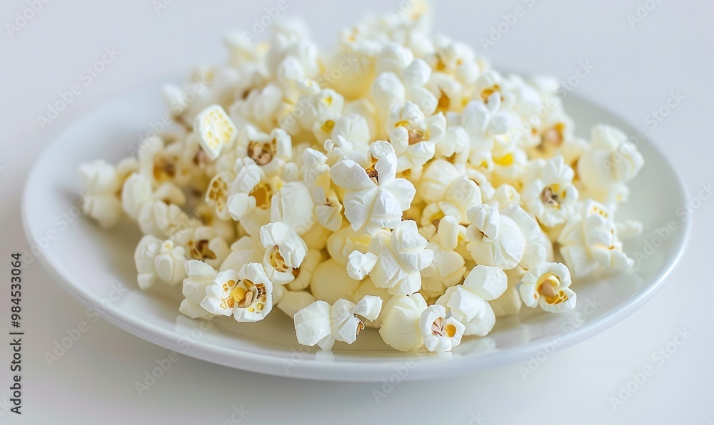 Popcorn arranged on a white platter with a crisp white background to draw attention to it, Generative AI. Popcorn arranged on a white platter with a crisp white background to draw attention to it, Generative AI.