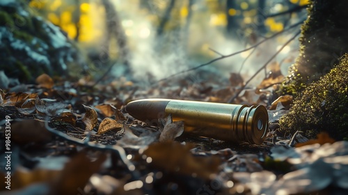 A discarded bullet casing lying on the forest floor. The casing stands out against the natural environment, surrounded by fallen leaves, moss, and twigs.