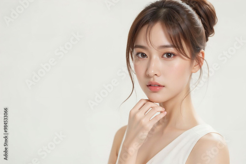 A woman with long brown hair and a white tank top poses for a picture