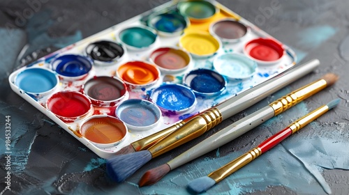 A set of paint brushes and a palette of paint sit on a table 