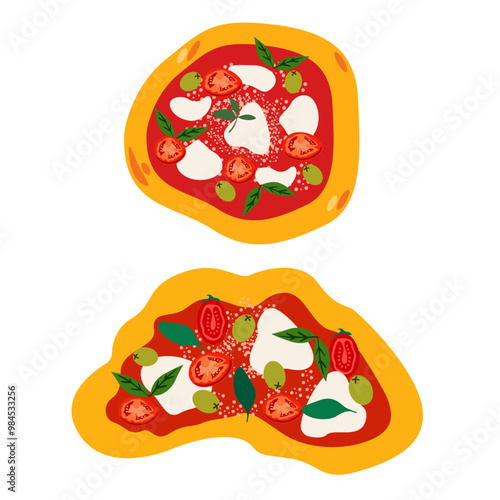 National Pizza Day. Margherita, salami pizza and mushroom pizza. Stickers of Italian cuisine cooking, a national dish. Trendy food and pizza stickers in 90s doodle groovy style
