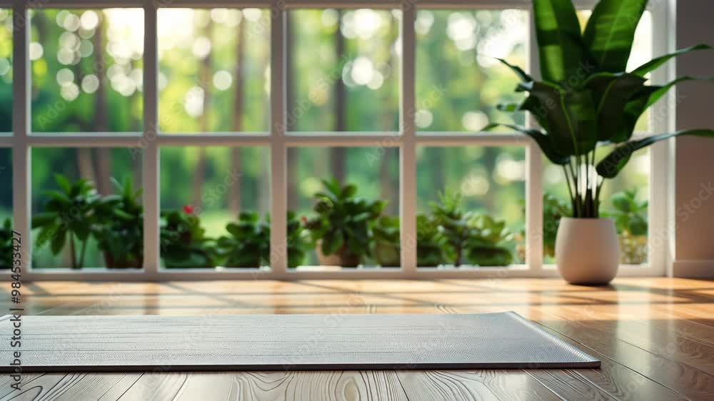 Tranquil Yoga Studio with Sunlit Forest View Through Large Windows, Yoga Mat on Wooden Floor, Nature-Inspired Wellness Space Tranquil Yoga Studio with Sunlit Forest View Through Large Windows, Yoga Mat on Wooden Floor, Nature-Inspired Wellness Space