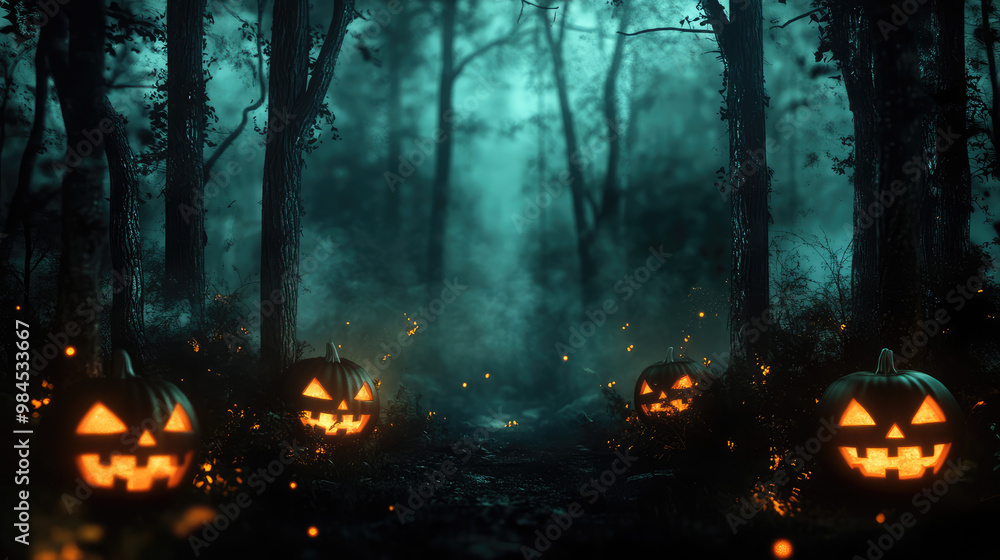 A forest with four pumpkins lit up in the dark A forest with four pumpkins lit up in the dark