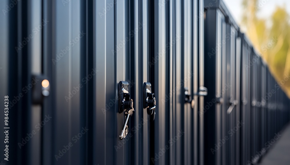 Row of Locked Storage Units with Keys in Doors Row of Locked Storage Units with Keys in Doors
