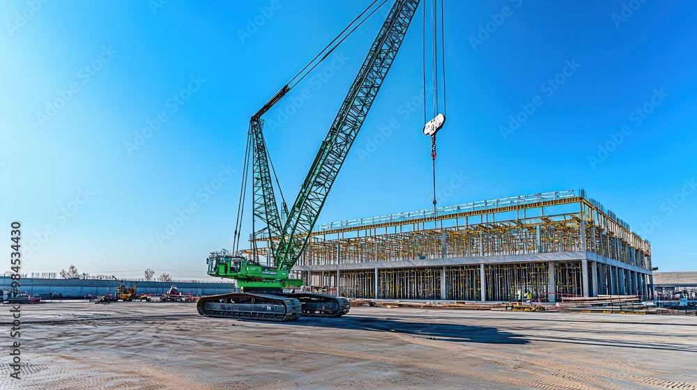 Detailed view of a large crane installation at a mega construction site for a new shopping mall, with the framework of the building in the background Detailed view of a large crane installation at a mega construction site for a new shopping mall, with the framework of the building in the background