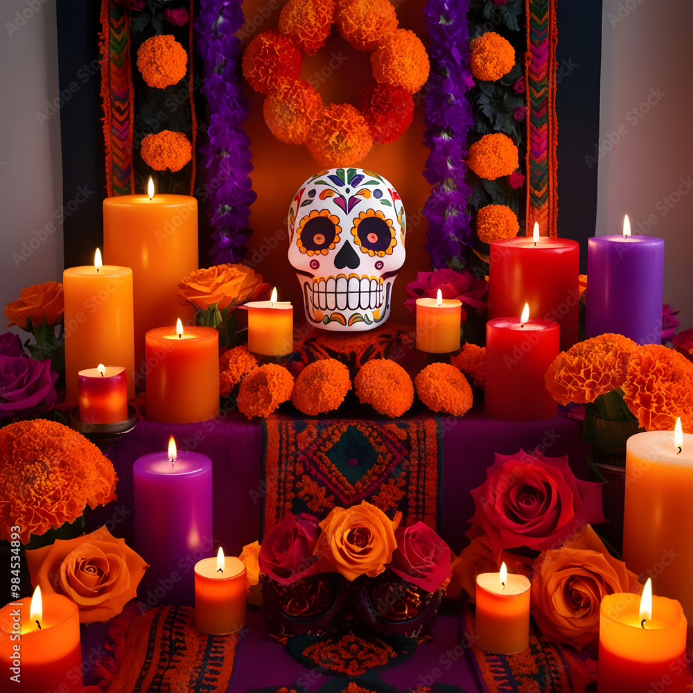 A Día de los Muertos Celebration Honoring the Dead with Flowers and Candles,Day of the Dead, Dia de los Muertos, Mexican culture, traditional, altar, flowers
A Día de los Muertos Celebration Honoring the Dead with Flowers and Candles,Day of the Dead, Dia de los Muertos, Mexican culture, traditional, altar, flowers