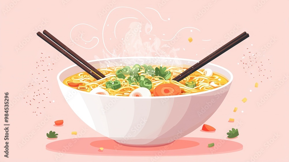 A pink bowl of noodle soup with chopsticks protruding, served on a white plate A pink bowl of noodle soup with chopsticks protruding, served on a white plate