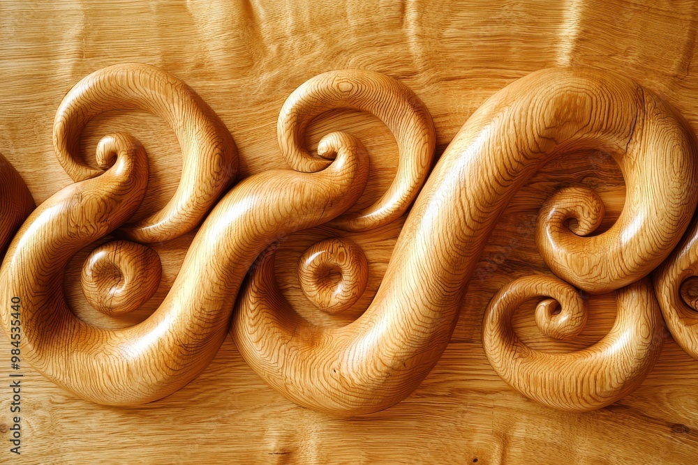 Obraz premium Ornate spiral patterns carved into wooden planks