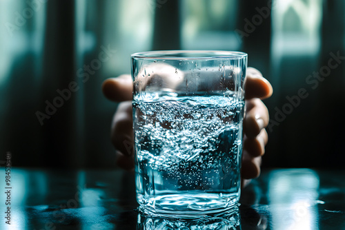 Verre d'eau tenu dans les , gros plan photo