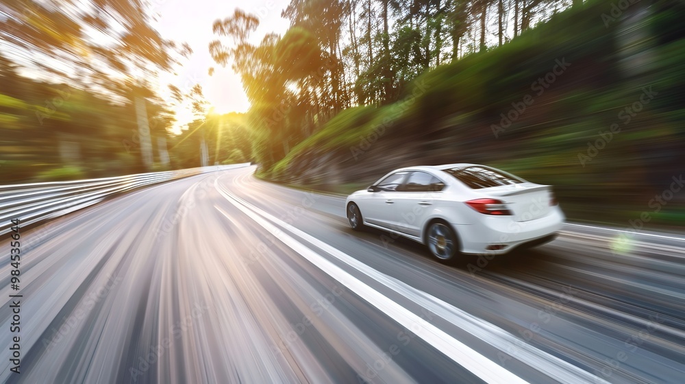 Speeding in a white automobile during the day on an asphalt road, Generative AI. Speeding in a white automobile during the day on an asphalt road, Generative AI.