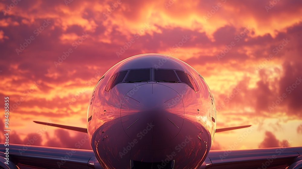 Fototapeta premium Airplane at Sunset: Ready for Takeoff