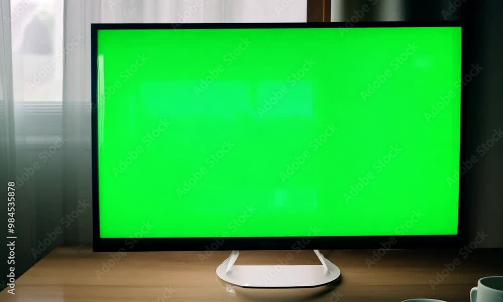Computer on desk with green screen Computer on desk with green screen