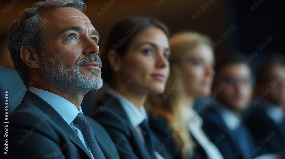 A group of business people at a conference or meeting, sitting in arow and listening to a presentation. Highlighting the focus and engagement of attendees. A group of business people at a conference or meeting, sitting in arow and listening to a presentation. Highlighting the focus and engagement of attendees.