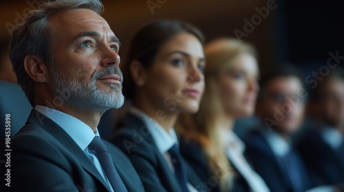 A group of business people at a conference or meeting, sitting in arow and listening to a presentation. Highlighting the focus and engagement of attendees.