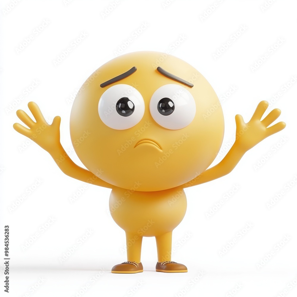 A 3D cartoon emoji shrugging with both hands raised, looking confused or unsure, on a white background A 3D cartoon emoji shrugging with both hands raised, looking confused or unsure, on a white background