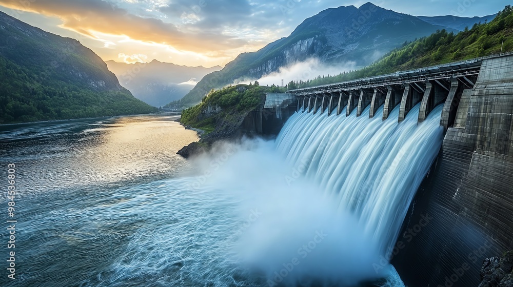 Scenic view of a majestic dam with flowing water against a mountain backdrop at sunrise, highlighting nature and engineering marvels. Scenic view of a majestic dam with flowing water against a mountain backdrop at sunrise, highlighting nature and engineering marvels.