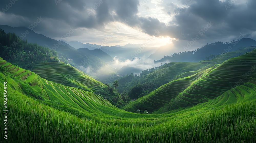 Stunning view of lush green terraced rice fields under a dramatic sky at sunrise, creating a serene and picturesque landscape. Stunning view of lush green terraced rice fields under a dramatic sky at sunrise, creating a serene and picturesque landscape.