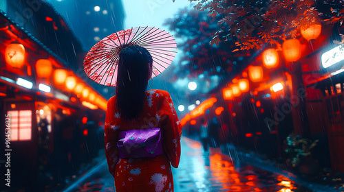 Femme japonaise portant un costume traditionnel se promenant dans la rue avec une ombrelle photo