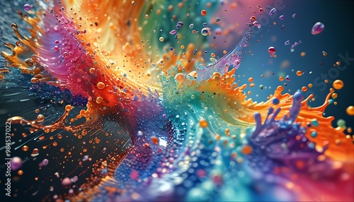 Vibrant 3D watercolor splashes in holographic hues, infused with abstract motion and grunge textures, creating dynamic shapes and vivid visual experiences photo