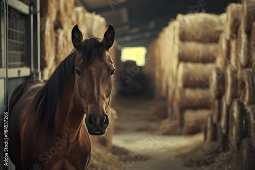 Horse in the haystacks photo