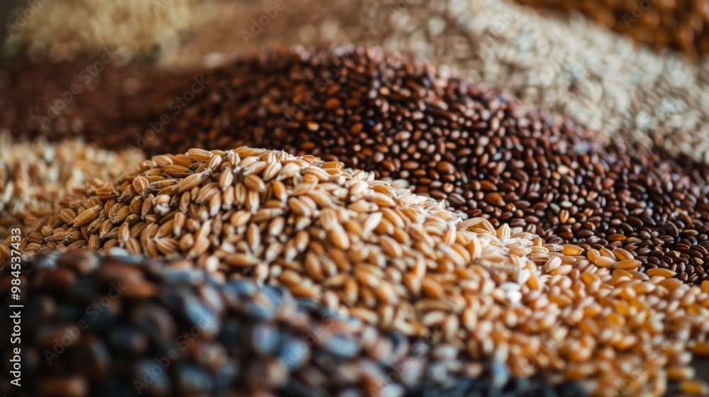 Image shows varied grains in different colors, including coffee beans and barley. Rice, oats are also seen, creating an abundant, diverse display. Image shows varied grains in different colors, including coffee beans and barley. Rice, oats are also seen, creating an abundant, diverse display.