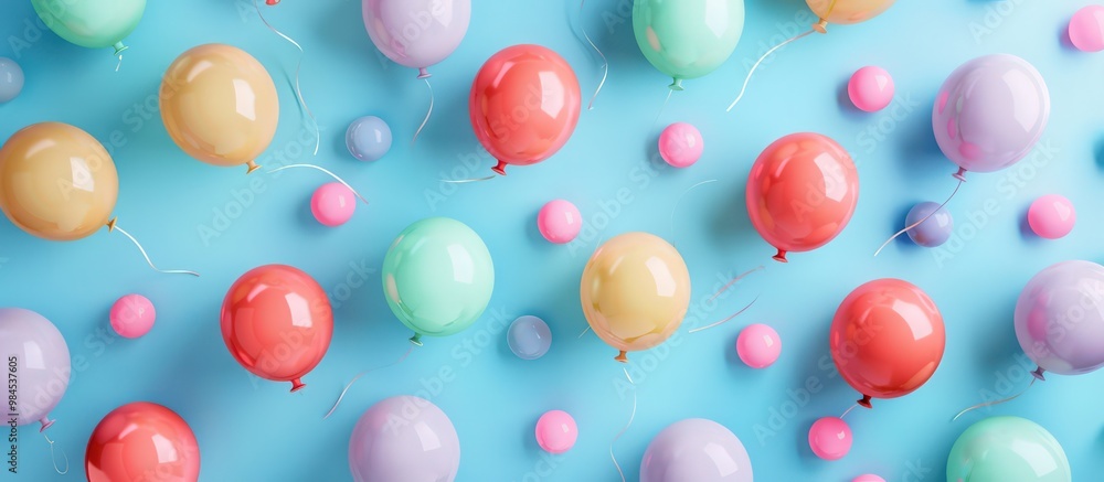 Multicolored balloons scattered on a pastel blue backdrop with ample room for text. Multicolored balloons scattered on a pastel blue backdrop with ample room for text.