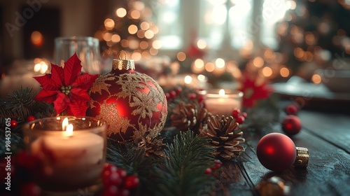 Cozy Christmas scene with candles, ornaments, and festive decor.