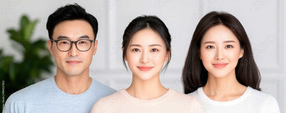 Asian family portraits in an assortment of thin, black frames. Over a clear, white background, isolated Asian family portraits in an assortment of thin, black frames. Over a clear, white background, isolated