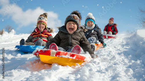 Children Sledding Down a Snowy Hill in Winter photo