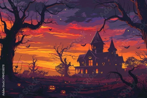 A Haunted House with Jack-o-Lanterns and Bats at Sunset