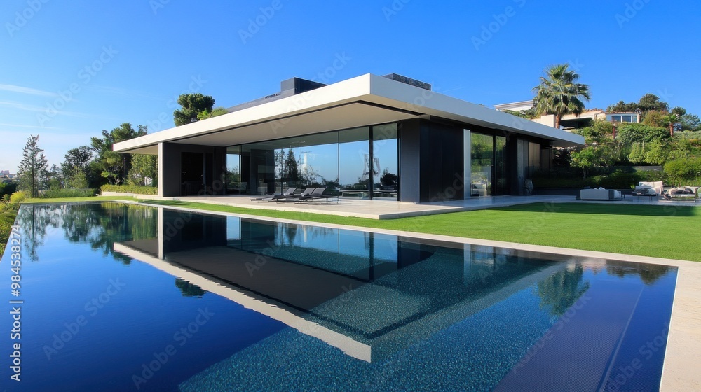 Fototapeta premium Modern villa with a pool reflecting the clear blue sky and lush surroundings.