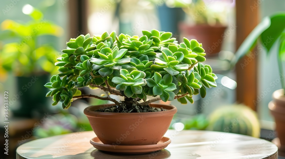 Succulent plant with thick, green leaves in the shape of an umbrella, Crassula umbrella in a pot on a table, Generative AI. Succulent plant with thick, green leaves in the shape of an umbrella, Crassula umbrella in a pot on a table, Generative AI.