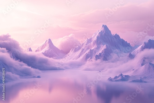 This tranquil landscape features majestic pink and purple mountains framed by fluffy clouds, with a mirrorlike water body reflecting these hues, creating an enchanting and picturesque scene