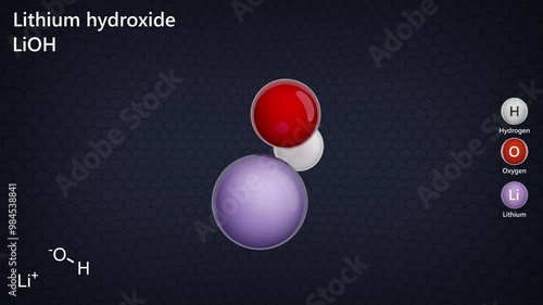 A detailed 3D animation of the chemical structure Lithium hydroxide LiOH. It is mainly used in the production of cathode materials for lithium-ion batteries. 3d render. Black back. Seamless loop
