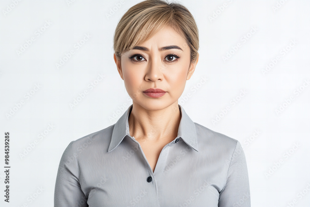Middle Aged Asian Woman Portrait with Wrinkled Face and Deep Emotions, Wearing a Casual Clothes on a Neutral Background - Ideal for Lifestyle and Emotion Themed Stock Photography Middle Aged Asian Woman Portrait with Wrinkled Face and Deep Emotions, Wearing a Casual Clothes on a Neutral Background - Ideal for Lifestyle and Emotion Themed Stock Photography