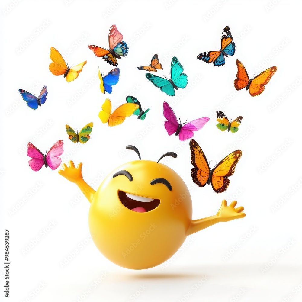Fototapeta premium A 3D cartoon emoji waving its hands as colorful butterflies emerge, symbolizing the release of creative ideas, on a white background