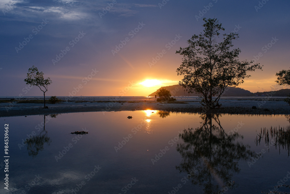 Fototapeta premium A beautiful sunset over a body of water with a tree in the foreground ,thongkrut beach ,koh samui, thailand