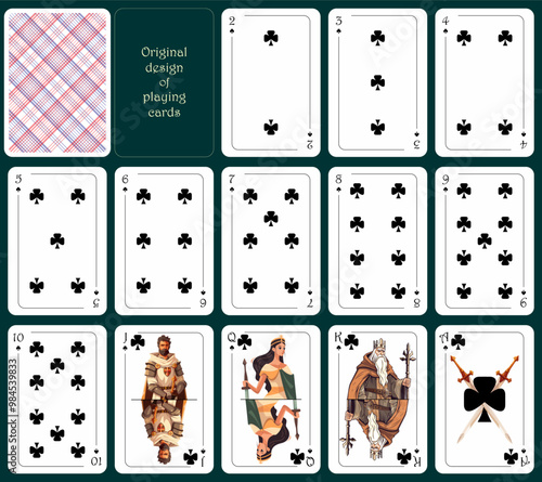 Original design of playing cards. All the cards of the clubs suit. Standard poker deck from two to ace. All cards are clubs