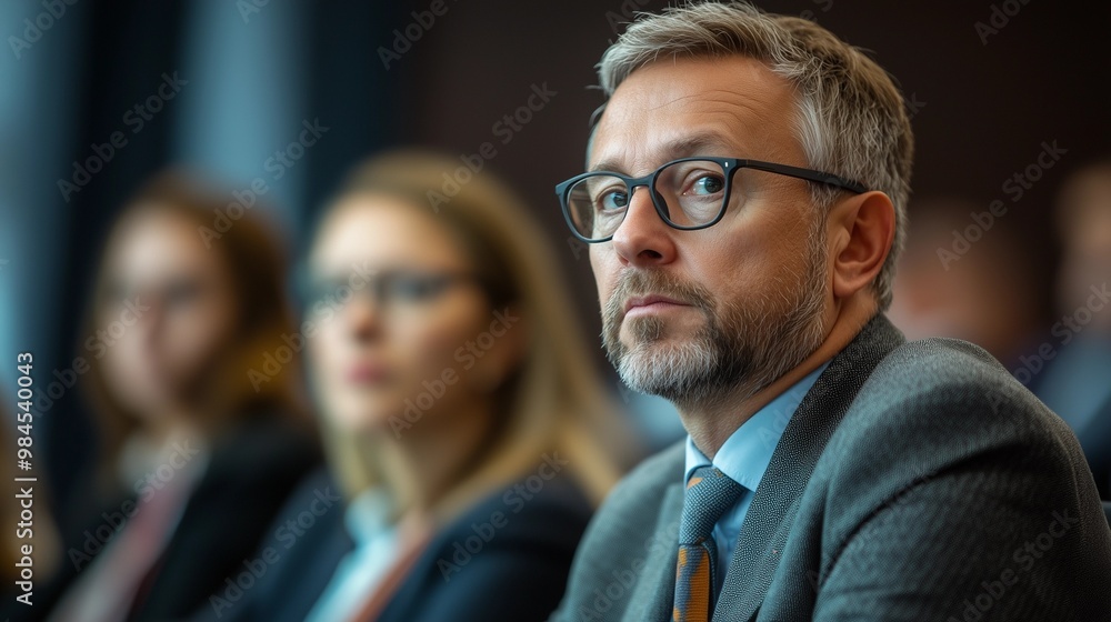 A group of business people at a conference or meeting, sitting in arow and listening to a presentation. Highlighting the focus and engagement of attendees. A group of business people at a conference or meeting, sitting in arow and listening to a presentation. Highlighting the focus and engagement of attendees.