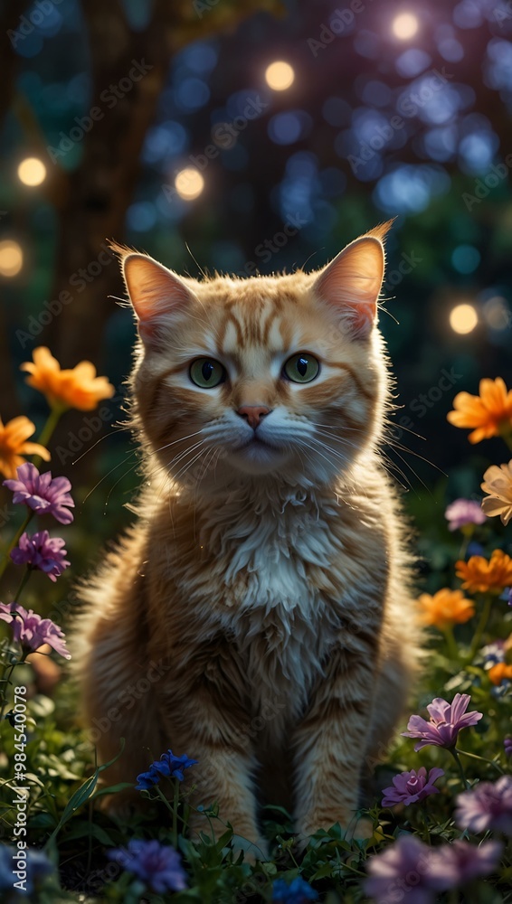 Enchanted cat in a fairy costume dancing among glowing flowers. Enchanted cat in a fairy costume dancing among glowing flowers.