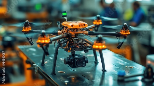 A team of engineers assembling a high-tech drone with advanced electronics