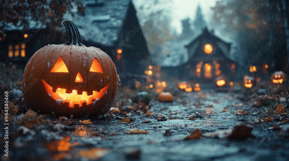 A spooky Halloween scene with a glowing jack-o'-lantern. A spooky Halloween scene with a glowing jack-o'-lantern.