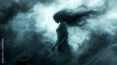 A banshees wail piercing a stormy night, her form a blur of dark energy and desperate forewarning. Banshee. Illustration
