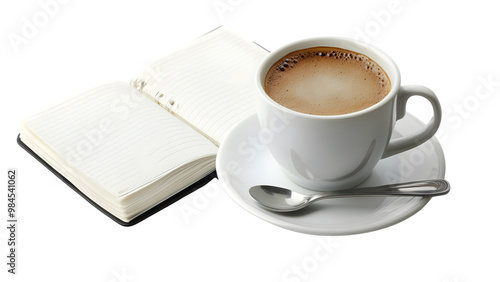 A cup of tea placed beside a blank journal isolated on a transparent background, PNG 
