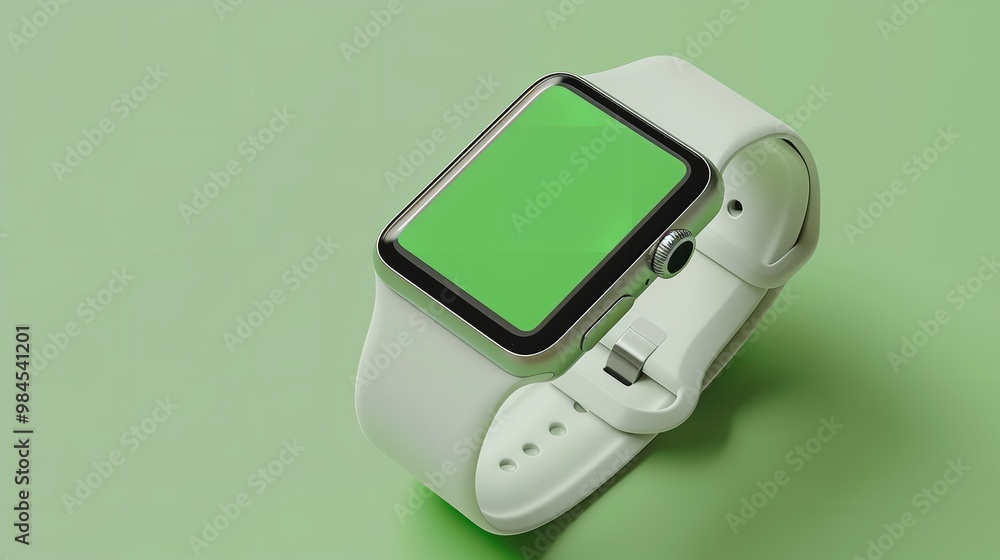 White smart watch mockup with a green screen and a white backdrop, Generative AI. White smart watch mockup with a green screen and a white backdrop, Generative AI.