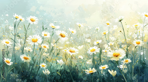 Endless rows of delicate white and yellow chamomile flowers create serene and tranquil atmosphere, inviting sense of peace and beauty in nature photo